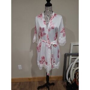 Le Rose Women SZ XS/S floral print Satin Robe w/lace trim bridesmaid bride sleep